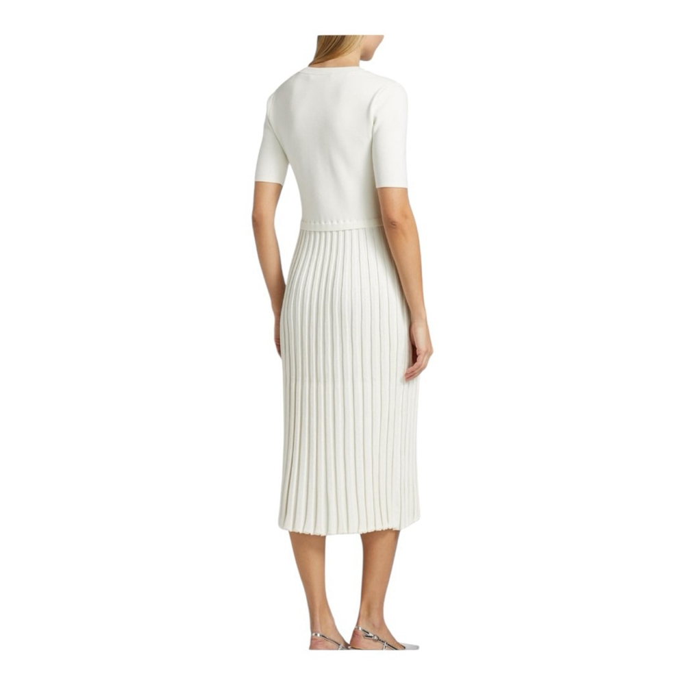 Women's Elie Tahari White Short Sleeve Knit Pleated Midi Dress - Picture 4 of 11